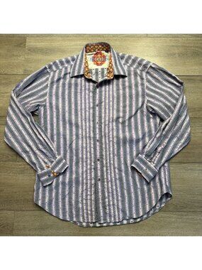 Robert Graham Shirt Mens XL Purple Green Long Sleeve Striped Flip Cuffs